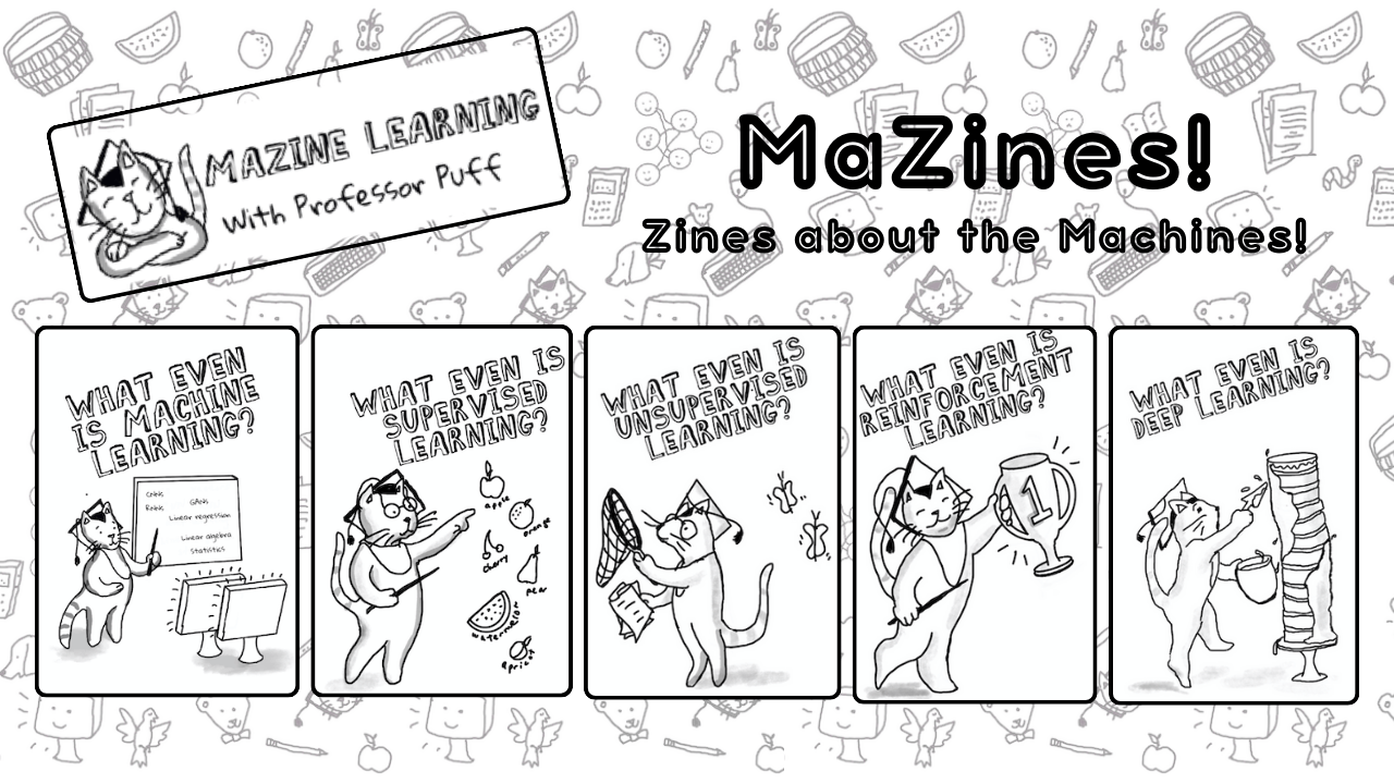 Collage of printable MaZines covers about machine learning and AI for kids